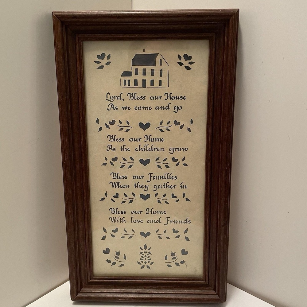 Vintage 1985 Scherenschnitte Framed Paper Cut Art Bless Our House Folk Art Sign
